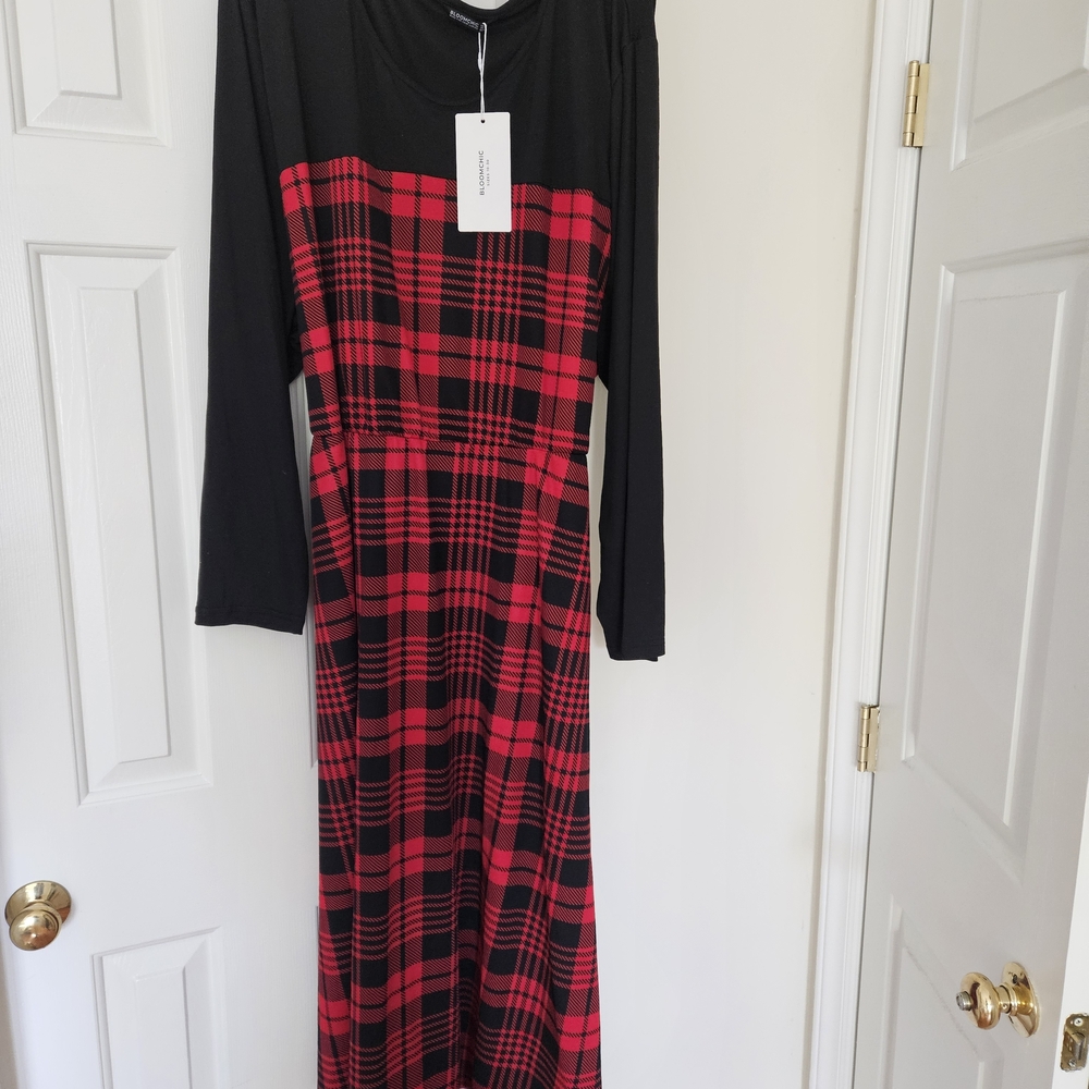 Long Sleeve Red Plaid Maxi Dress by Bloomchic